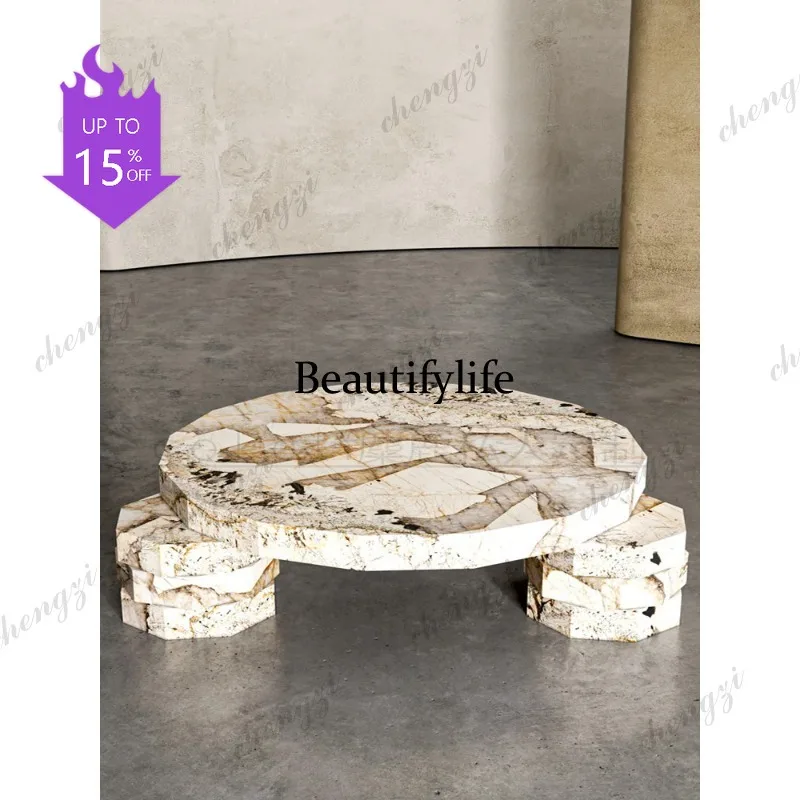 03 Italian light luxury high sense natural big flower white marble coffee table living room household round coffee table