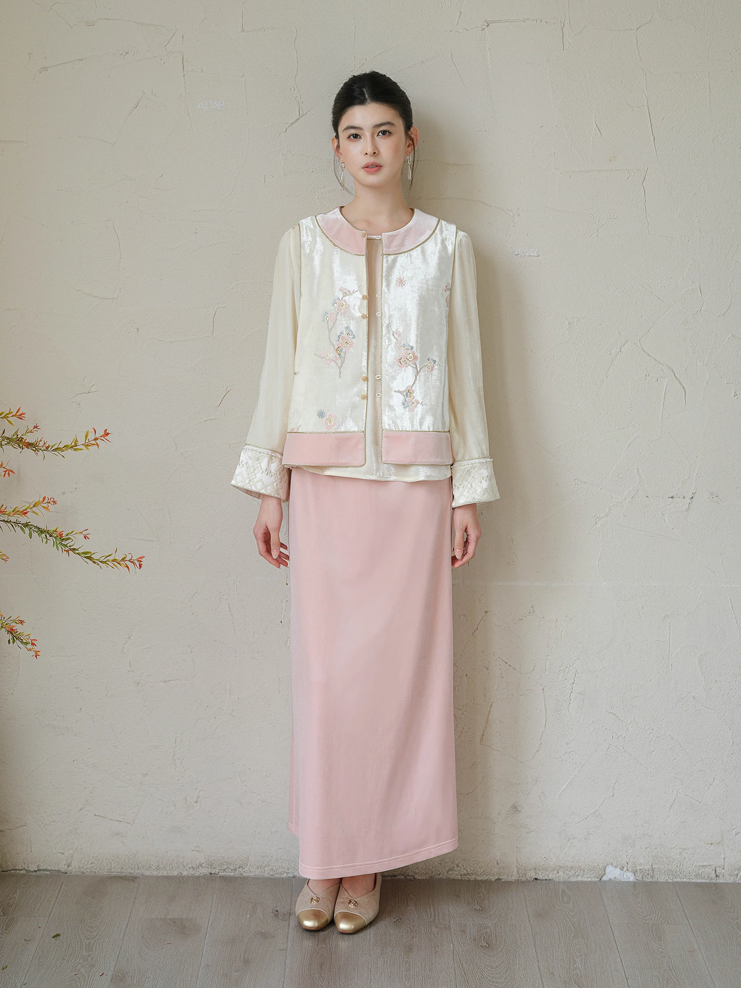 Nueva falda china de terciopelo de cintura alta para mujer Otoño Invierno Faion Pink National Sle f-longitud falda Casual Hanfu