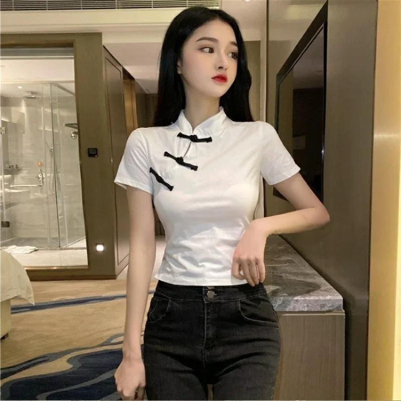 Slim T-shirts Women S-3XL Temper Aesthetics Vintage Summer Chinese Style Personal Hotsweet Crop Tops Streetwear Футболка Elastic