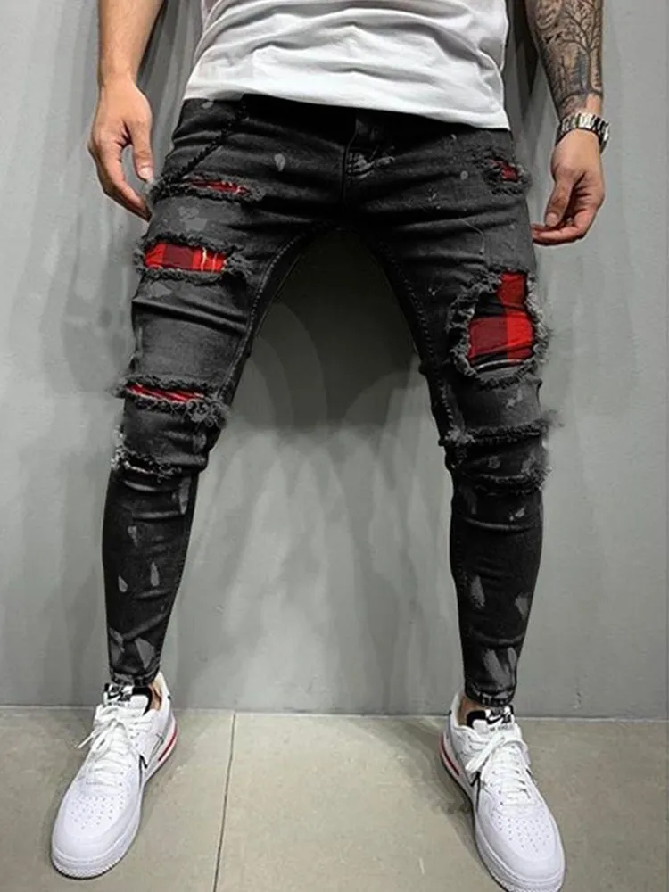 2023 Fashion Men Jeans Streetwear Knee Hole Ripped Stretch Skinny Denim Pants Autumn Summer Jeans for Men Jogger Pants Slim Fit