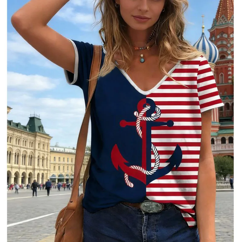 New Anchor Stripe 3D Print T-Shirts Women's Short Sleeve V-Neck T Shirt Casual Tops Y2k Harajuku Tees Streetwear Female Clothing