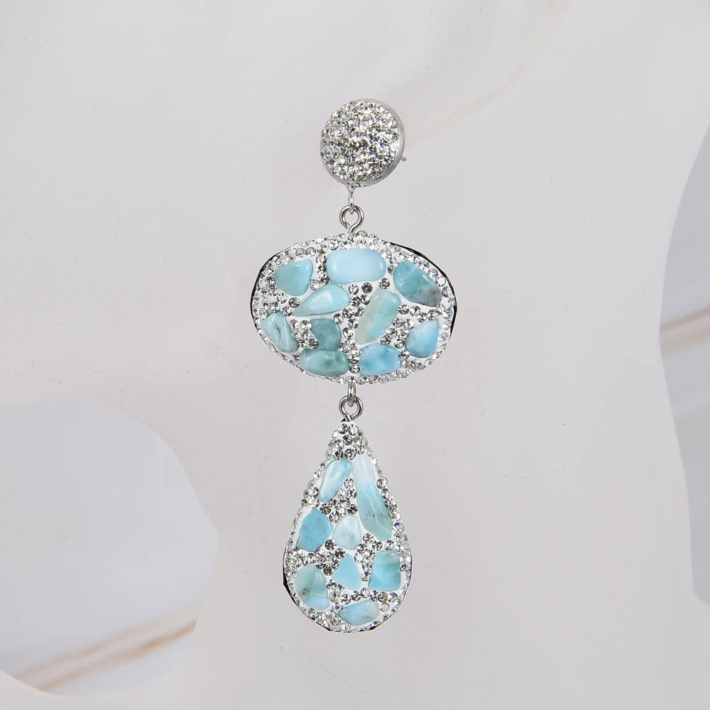

Natural Blue Larimar Nugget Dangle Stud Earrings