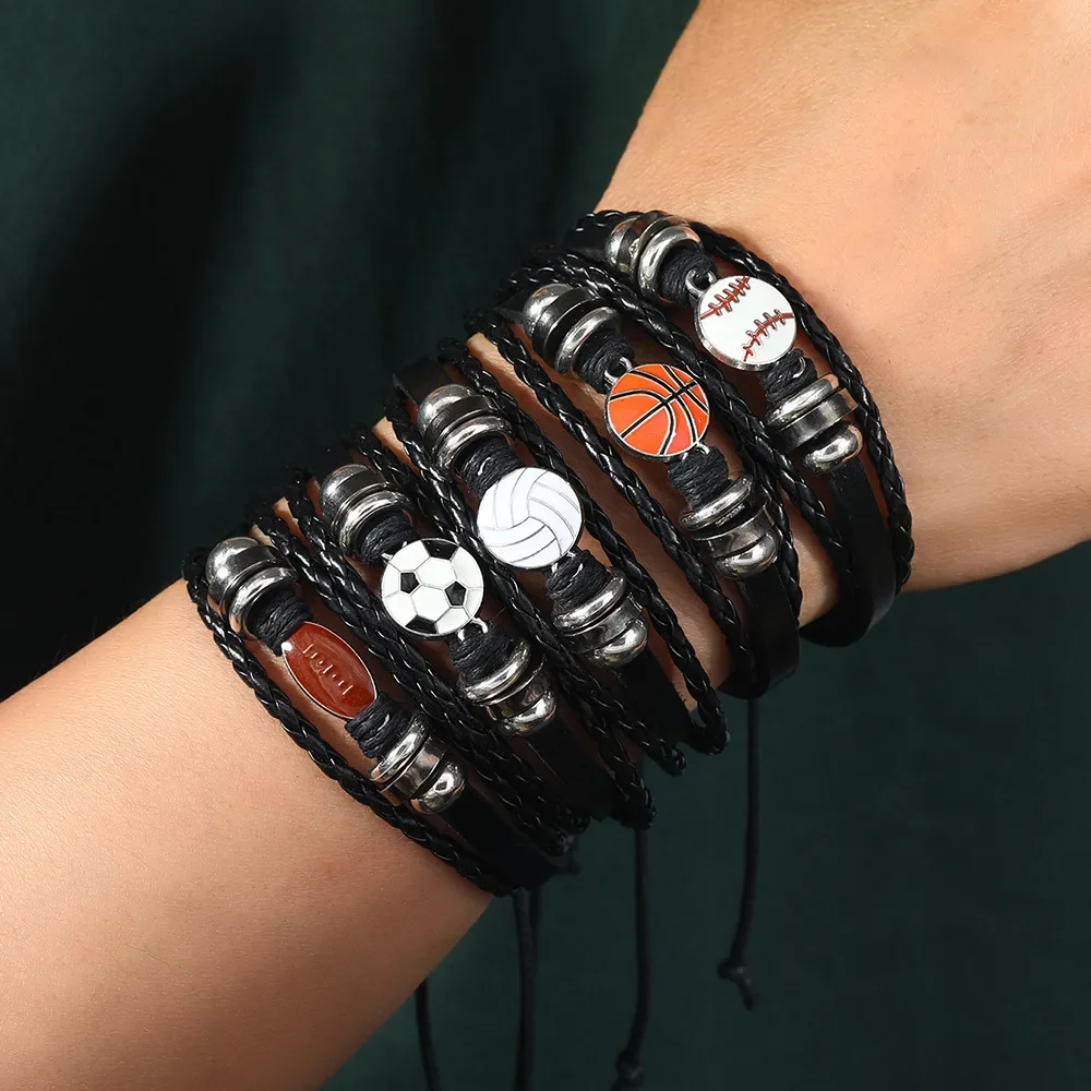 5Pcs Vintage Leather Sport Bracelet For Women Men Volleyball Football Basketball Baseball Rugby Charm Bangle Fashion Jewelry view 4