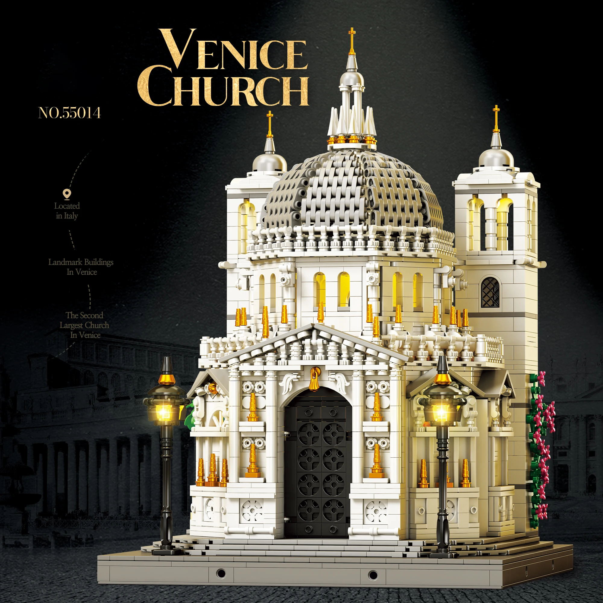 

55014 Venice Church Building Blocks Set with Lights, Desktop Ornament, Street Scene Assembly Toy, Birthday and Holiday Gift