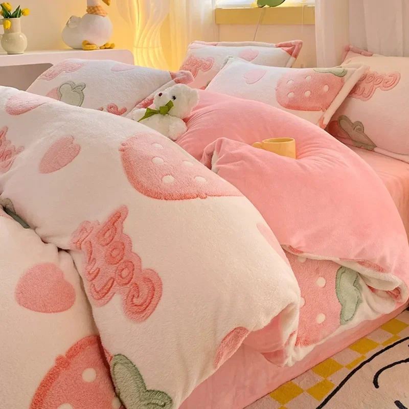 Winter Thickened Coral Fleece Duvet Cover 4pc Set Milk Fleece Bed Sheet Quilt Cover Flannel Bed Snowflake Fleece Bedding Set