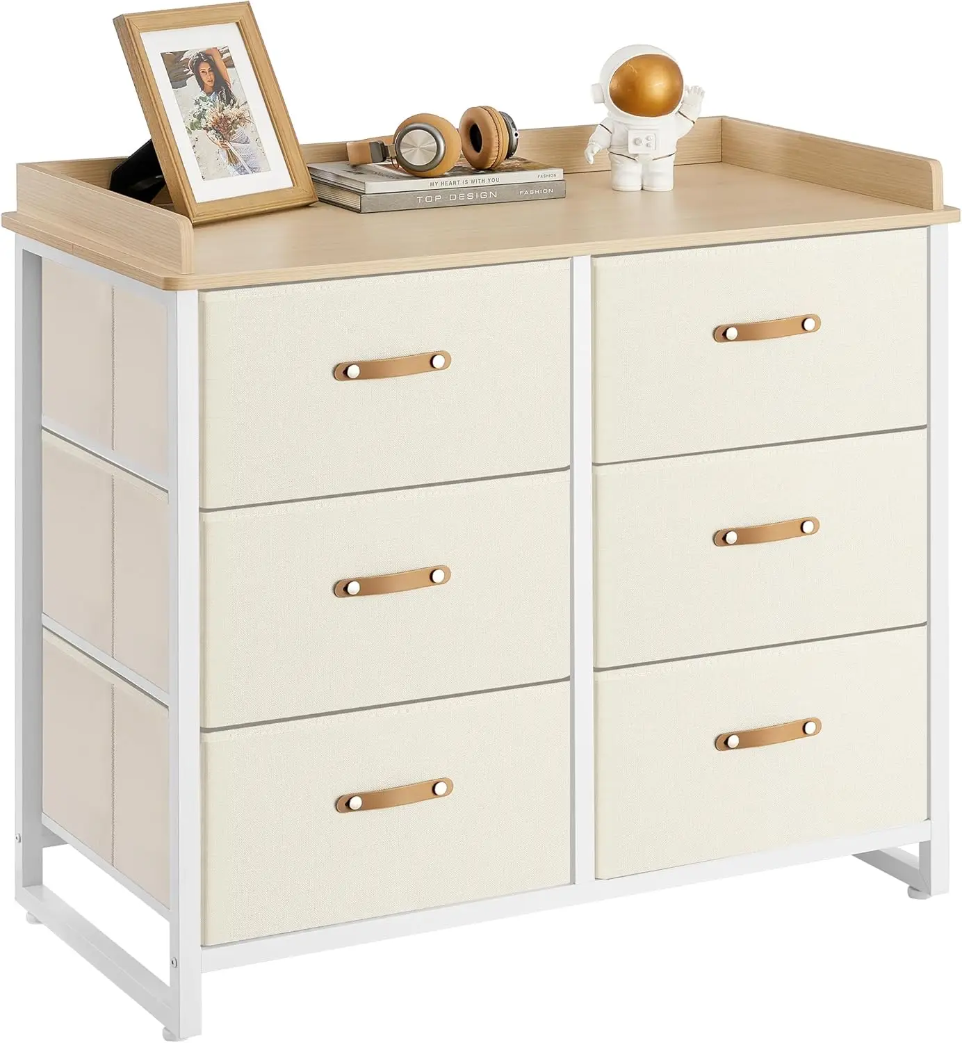 Kids Dresser 6 Drawers, Water-Resistant Top, Beige, Storage Cabinet for Bedroom or Hallway