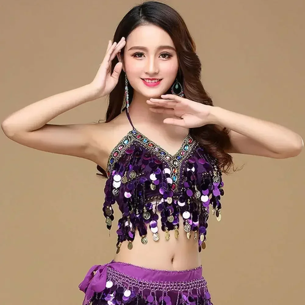 Tassel Halter Belly Dance Bra Nightclub Dance Wear Performance Sequin Tops