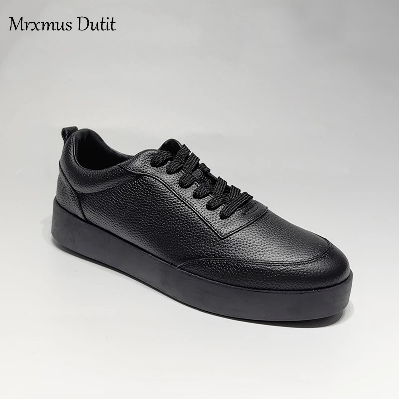 Mrxmus 2024 Spring Summer New Men Genuine Leather Lacing Thick Sole Flat Sneaker Solid Simple Casual Versatile Shoes Male Chic