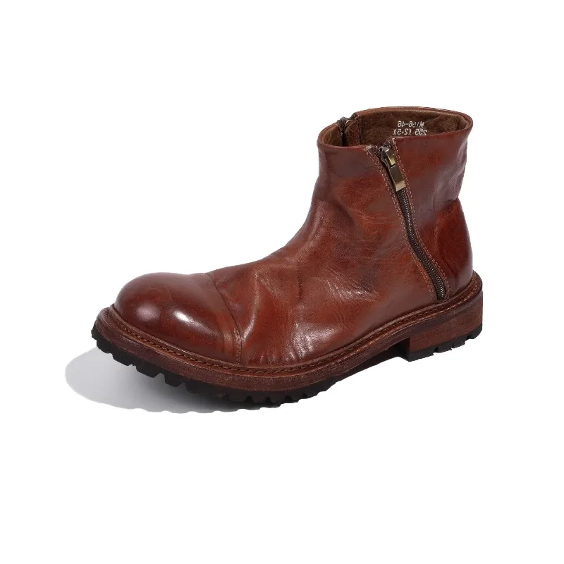 

British Style Chelsea Boots Men's Retro Zipper Chimney Boots Genuine Leather Washed High Top Casual Work Motorcycle Male Shoes