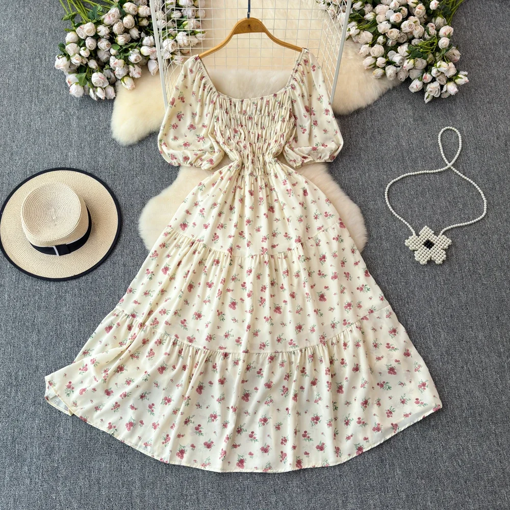 2026 nieuwe zomer bloemenprint lange jurk vrouwen vintage vierkante hals ruches borst sjerp bandage zonnejurk party vestidos