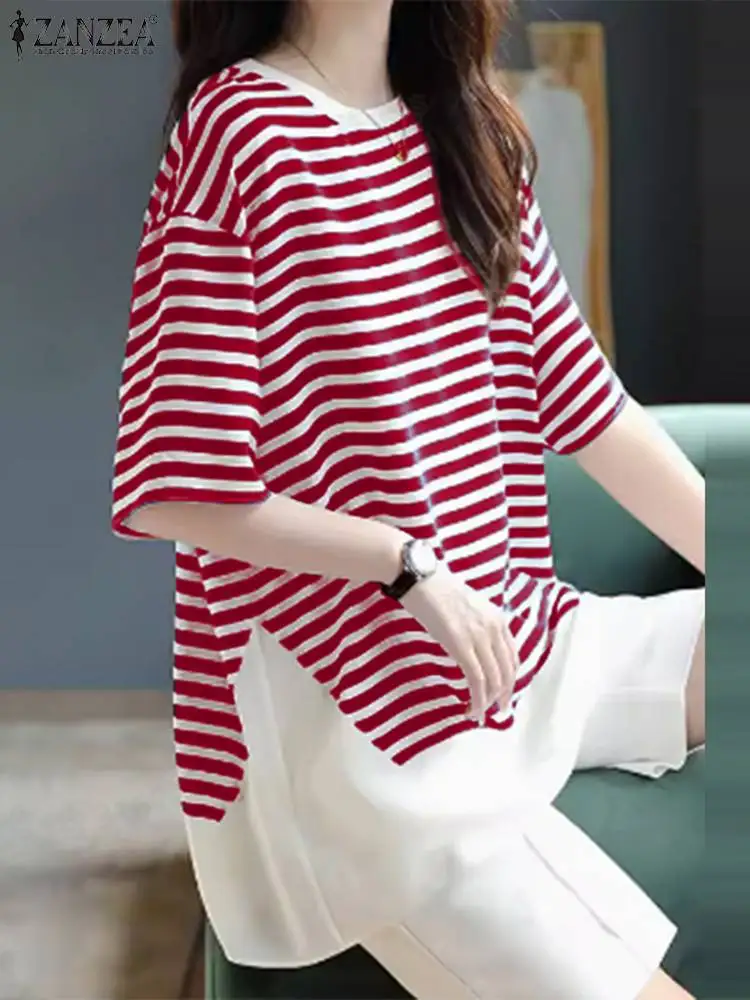 ZANZEA Korean Short Sleeve Stripes Tops Harajuku Loose Women Blouse 2024 Autumn Casual Round Neck Tunic Holiday Slit Hem Blusas