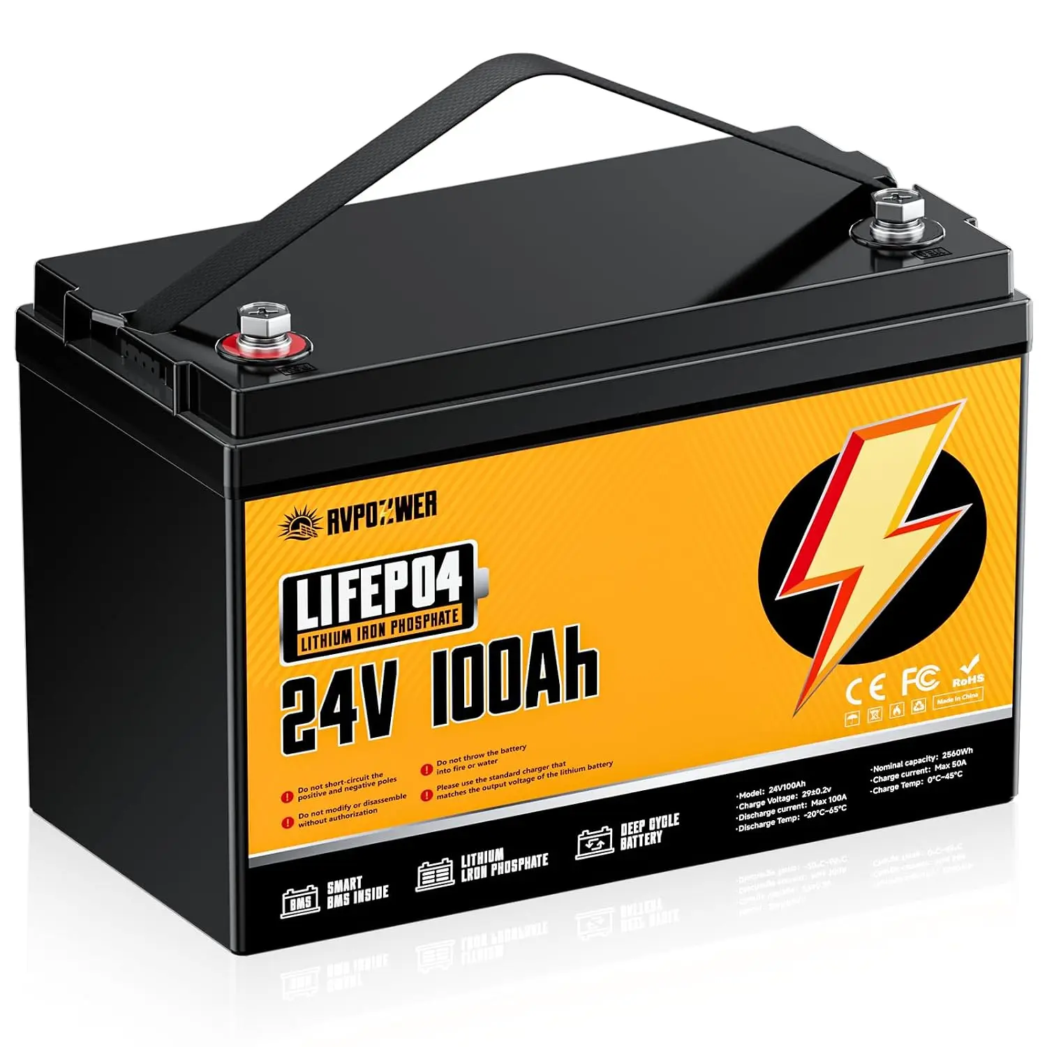 24V 100Ah LiFePO4 Battery, Built-in 100A BMS, 2560Wh Deep Cycle, 20000+ Cycles, Compact and Lightweight Lithium Battery for Trol