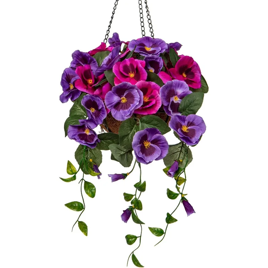 

Small Fake Flowers Hanging Basket Pansy Artificial Flowers Realistic Silk Spring Bloom Faux Flowers 5 Coconut Basket for Home F