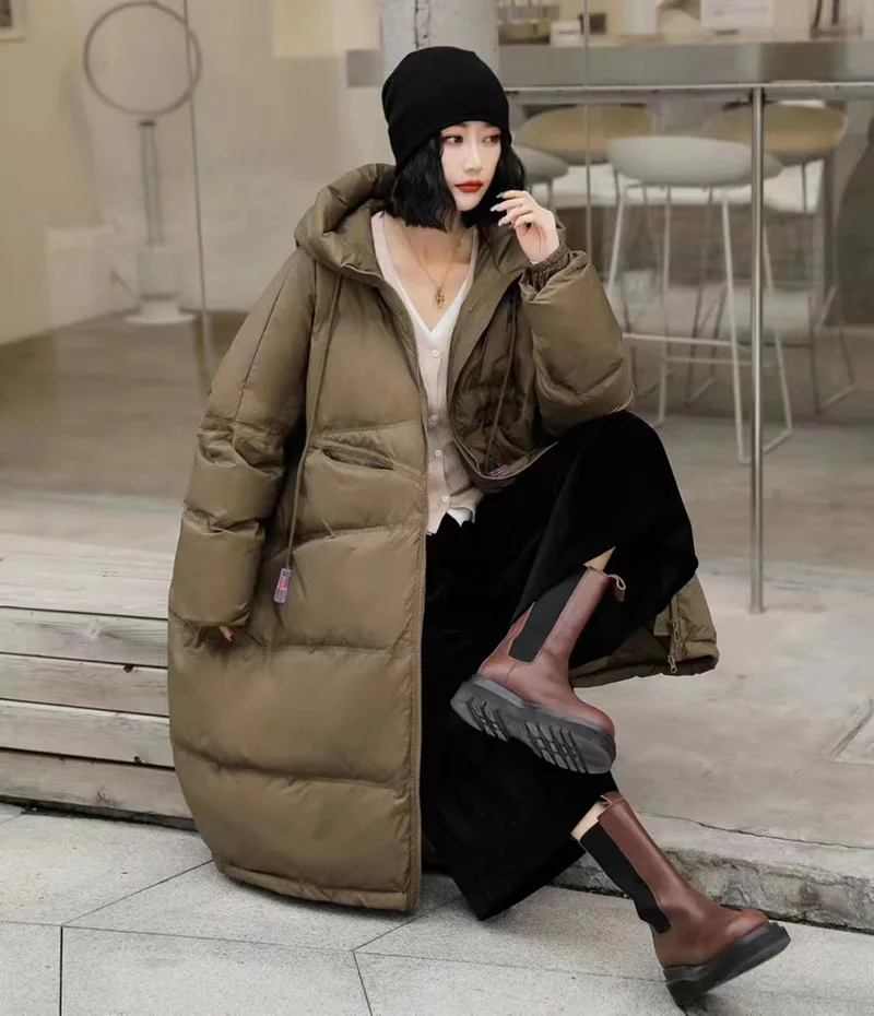 Schinteon Women White Duck Down Jacket with Hood Autumn Winter Warm Long Outwear Over Size Loose Coat 2026 New