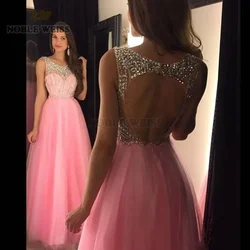 prom dresses 2024 o-neck pink tulle vestido de gala floor-length sexy bare back beading prom dress a-line party dress Customized