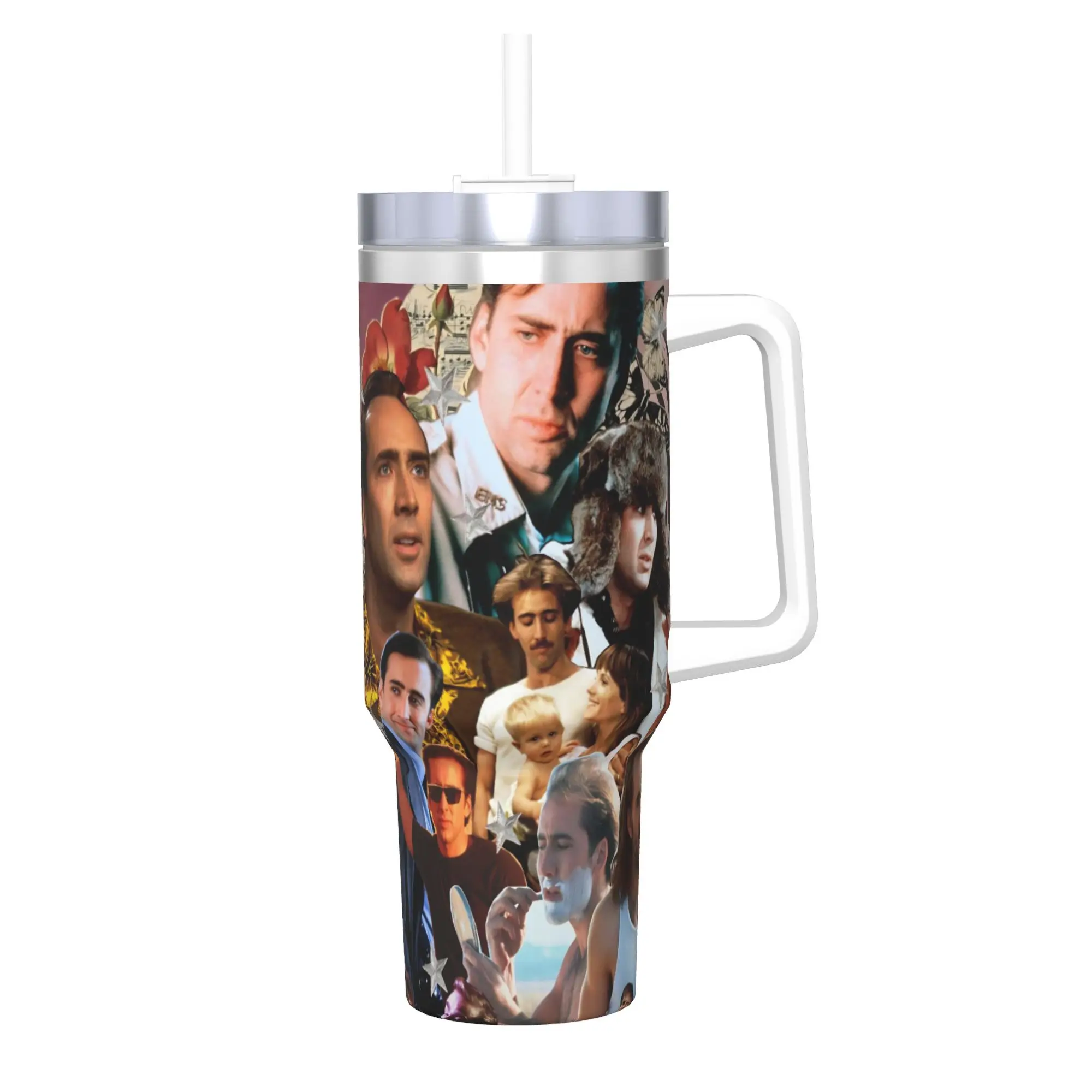Nicolas Cage Tumbler With Straw  Stainless Steel Tumblers Mug Double Wall Vacuum Insulated for Cold Or Hot 40oz