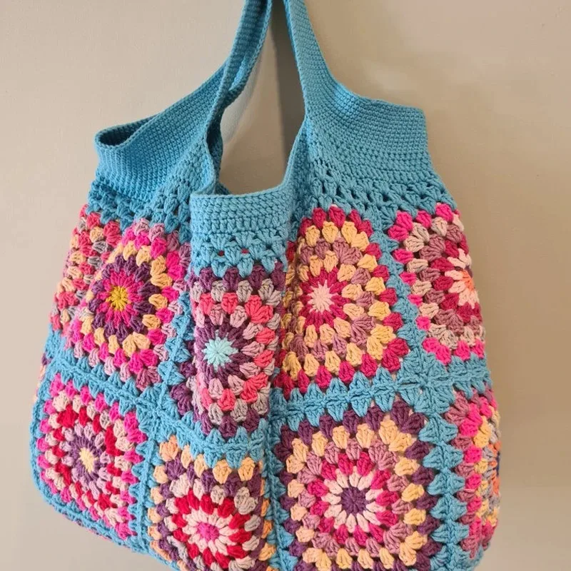 Bule Handbags Boho Hippie Square Flowers Bag for Women High-Capacity Crochet Cute Purses  Hollow Out Colorful DIY Knitting Bags