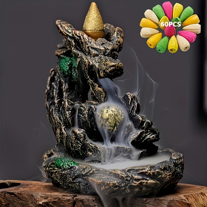 1pc Mountains River Waterfall Reflux Incense Burner Fountain Backflow Aroma Smoke Censer Holder Home Crafts +60 Incense Cones