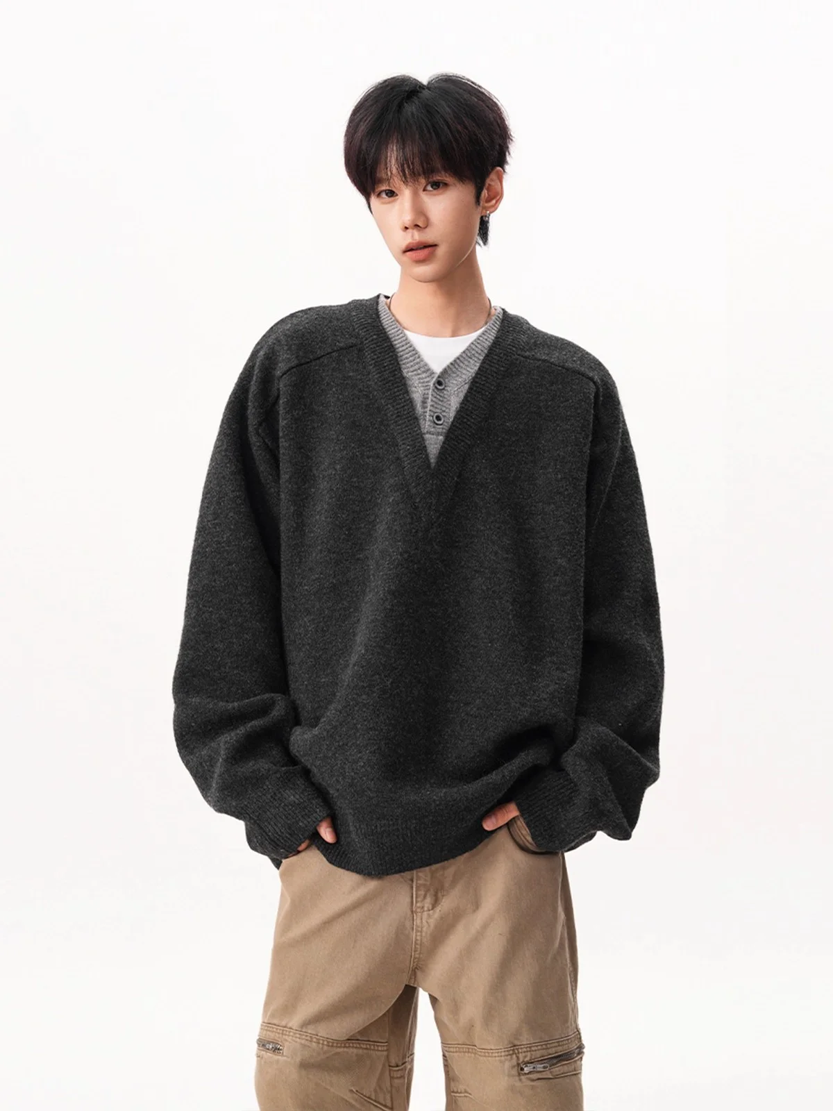 

Свободный длинный вязаный свитер V-Ne, мужской новый свитер, осень-зима, ленивый Sle Cleanfit Jaet, ветровка в стиле ретро, пальто