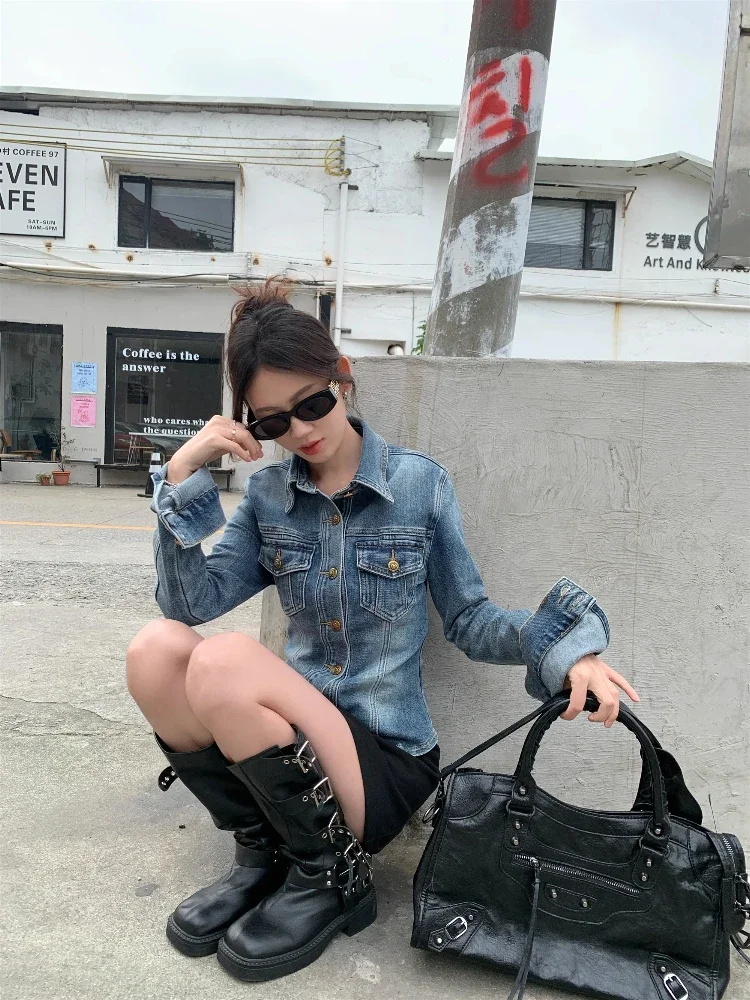 ADAgirl Blue Denim Shirt Jacket for Women Vintage Jeans Cropped Top Spring Autumn Long Sleeve Cardigan Button Up Slim Clothes