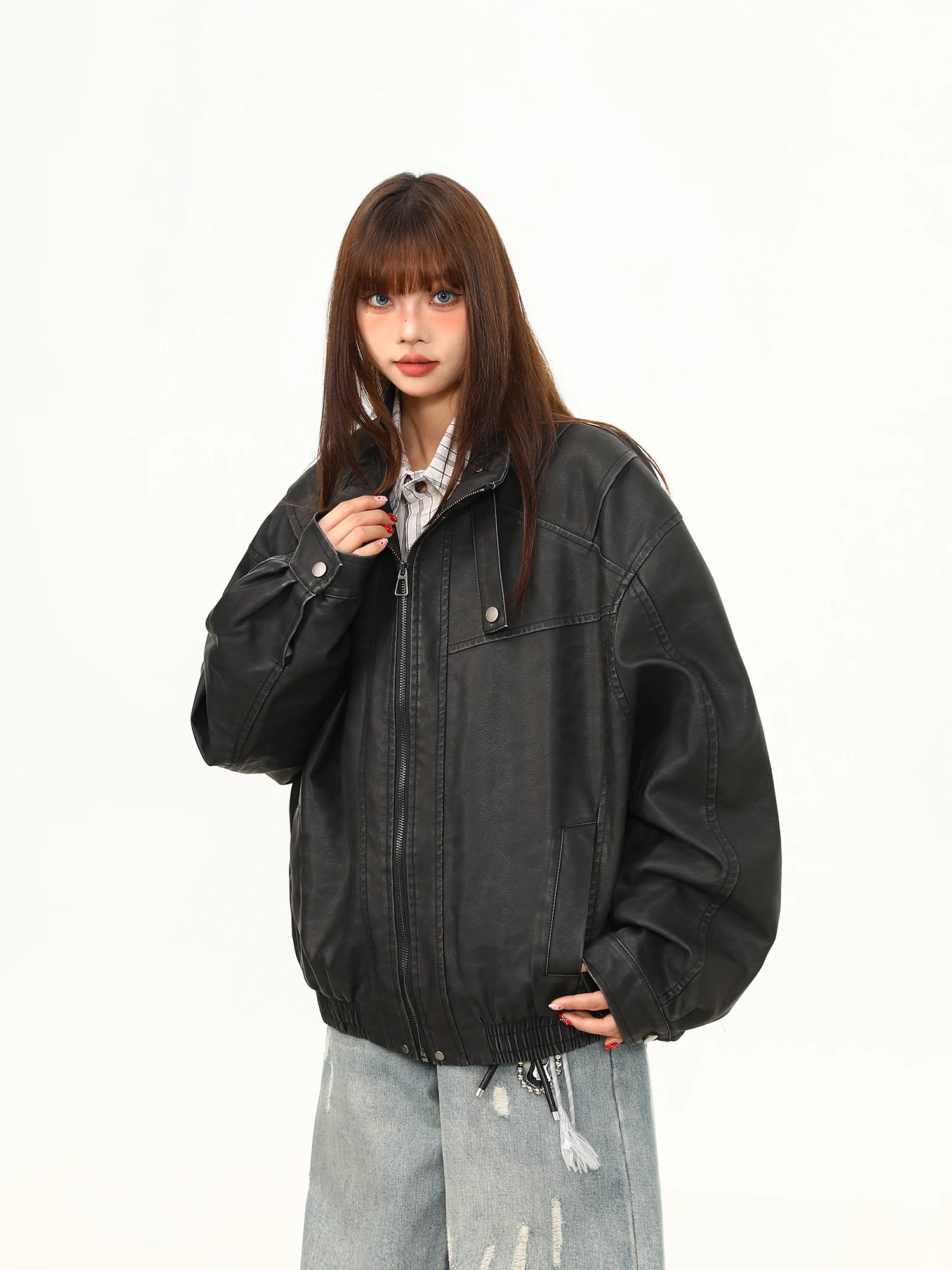 와일드 아지 아메리칸 스트릿웨어 스타일 믹스젠더 PU 레더 재킷 헤비웨이트 디컨스트럭티드 패치워크 모터사이클 아우터웨어