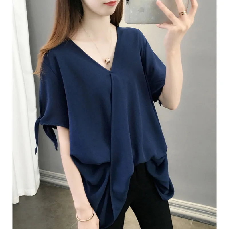 

2024 Summer New Pullovers Chiffon V-Neck Solid Color Short Sleeve Tie Up with Fashion All-match Loose Commuter Women's Tops