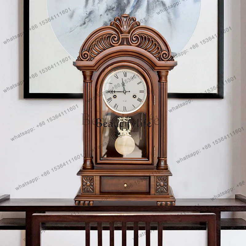 PJ Retro solid wood mechanical seat clock copper core pendulum clock three-dimensional decorative ornament time clock