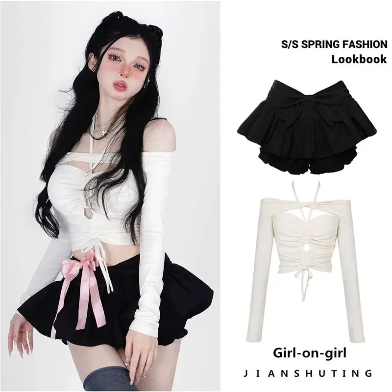 

Harajuku mini skirt creamy white blouse women black versatile skirt pants gothic goth white skirt korean style women clothing