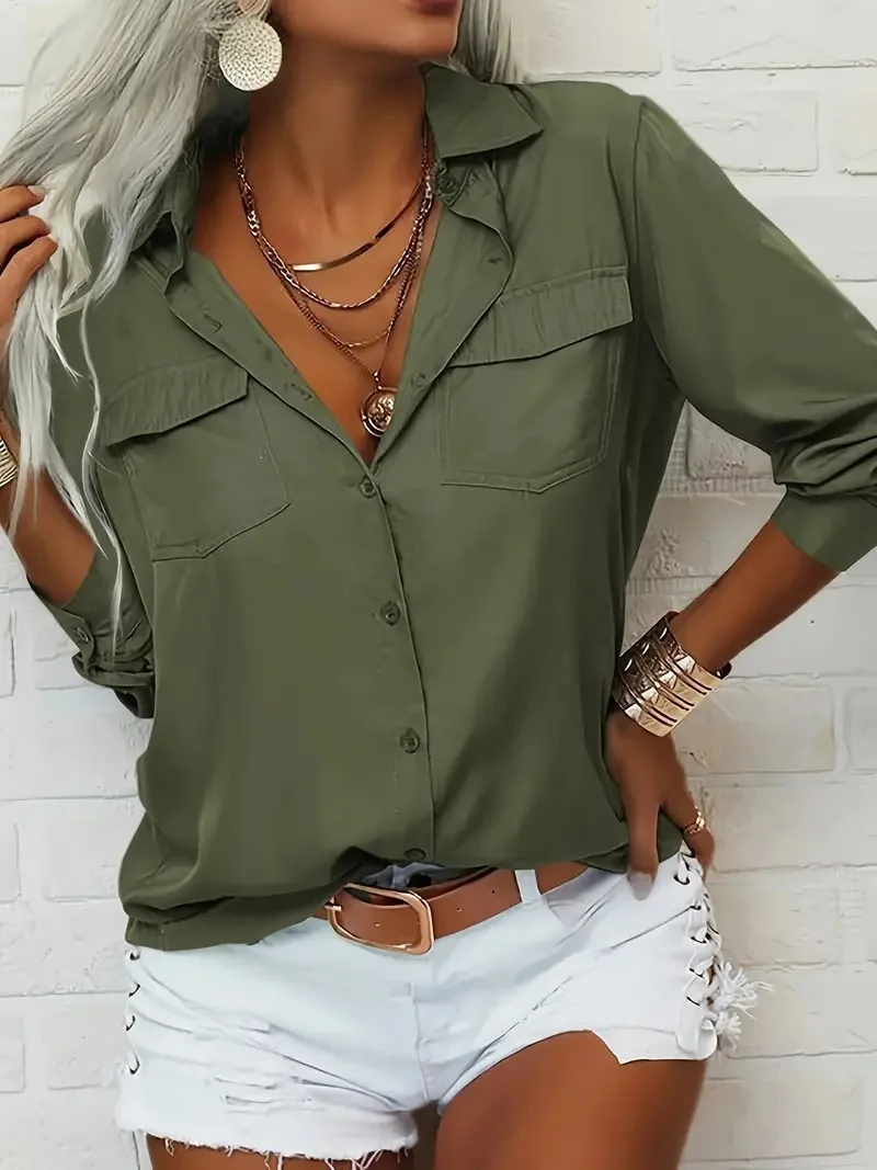 

2025 Women's Military Green Shirt Lapel Button Cardigan Top Pocket White Simple Street Loose White Blouses for Female