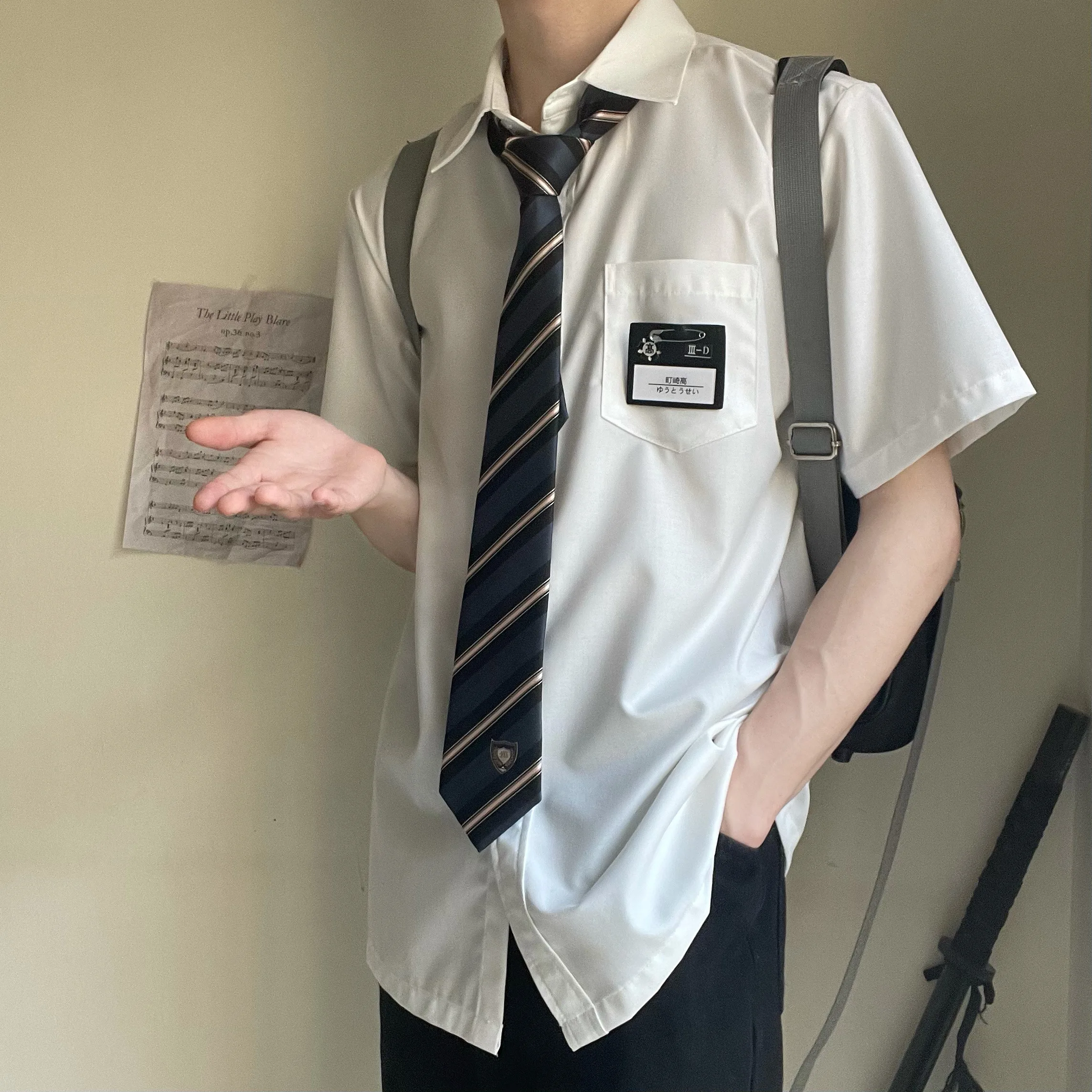 White Long Sleeve Shirt with Tie Leather Standard Fit Cotton Polyester Blend Breathable Moisture Wicking School Uniform Style
