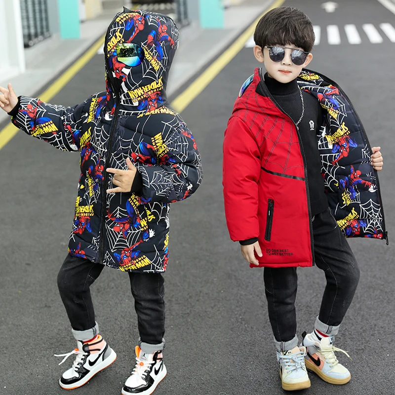 

Children Thick Coat Winter Teenage SpiderMan Boy Cotton-padded Parka Coats Thicken Warm Long Jackets Kids Cartoon Outerwear