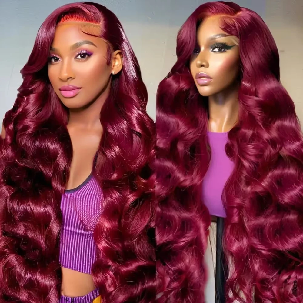 

40-дюймовые волнистые волосы Body Wave # Бордовый парик из бразильских волос 99J, 13x6 HD, с прозрачной кружевной передней частью, парик из натуральных волос 13x4 с прозрачной кружевной передней частью для женщин