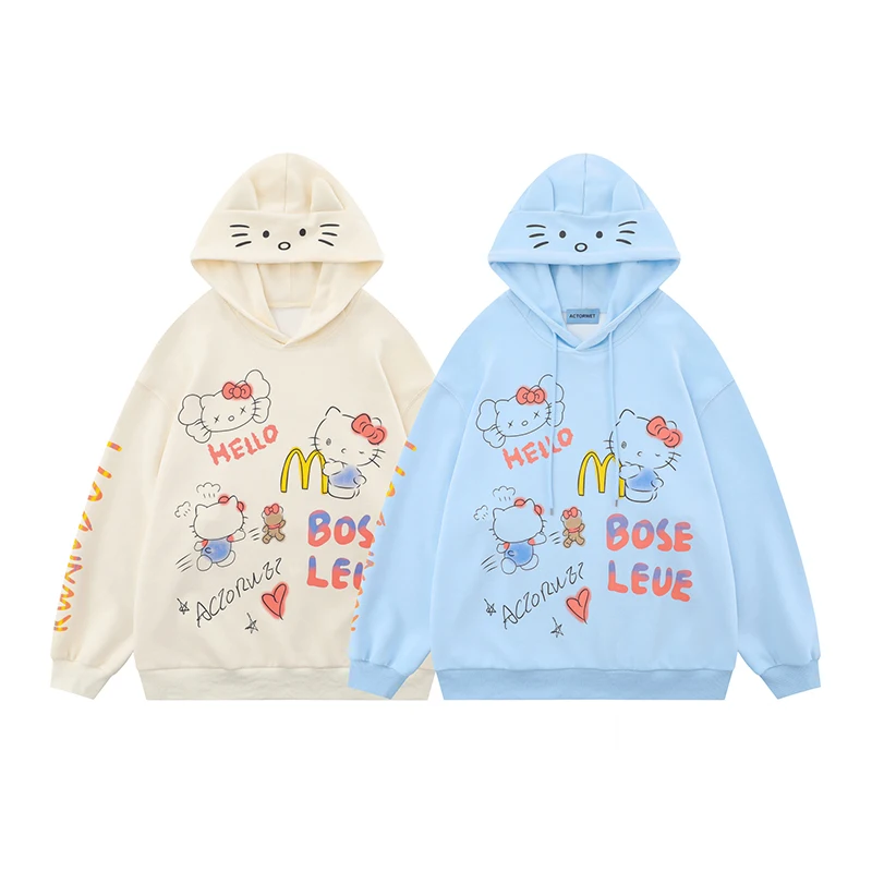 Felpa Hello Kitty Felpa con cappuccio Coppia Pullover Allentato Casual Stampato Abbigliamento autunnale e invernale Abbigliamento da festival dei cartoni animati Regalo