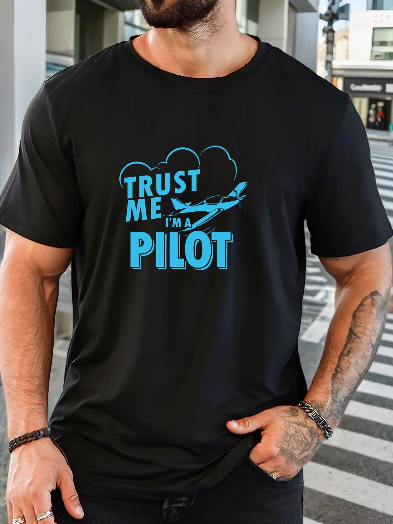 

T-Shirt Print 100% Cotton Pilot Slogan Pattern Summer Round Neck Breathable Men's Short Sleeves Loose Cotton Tee Daily Top