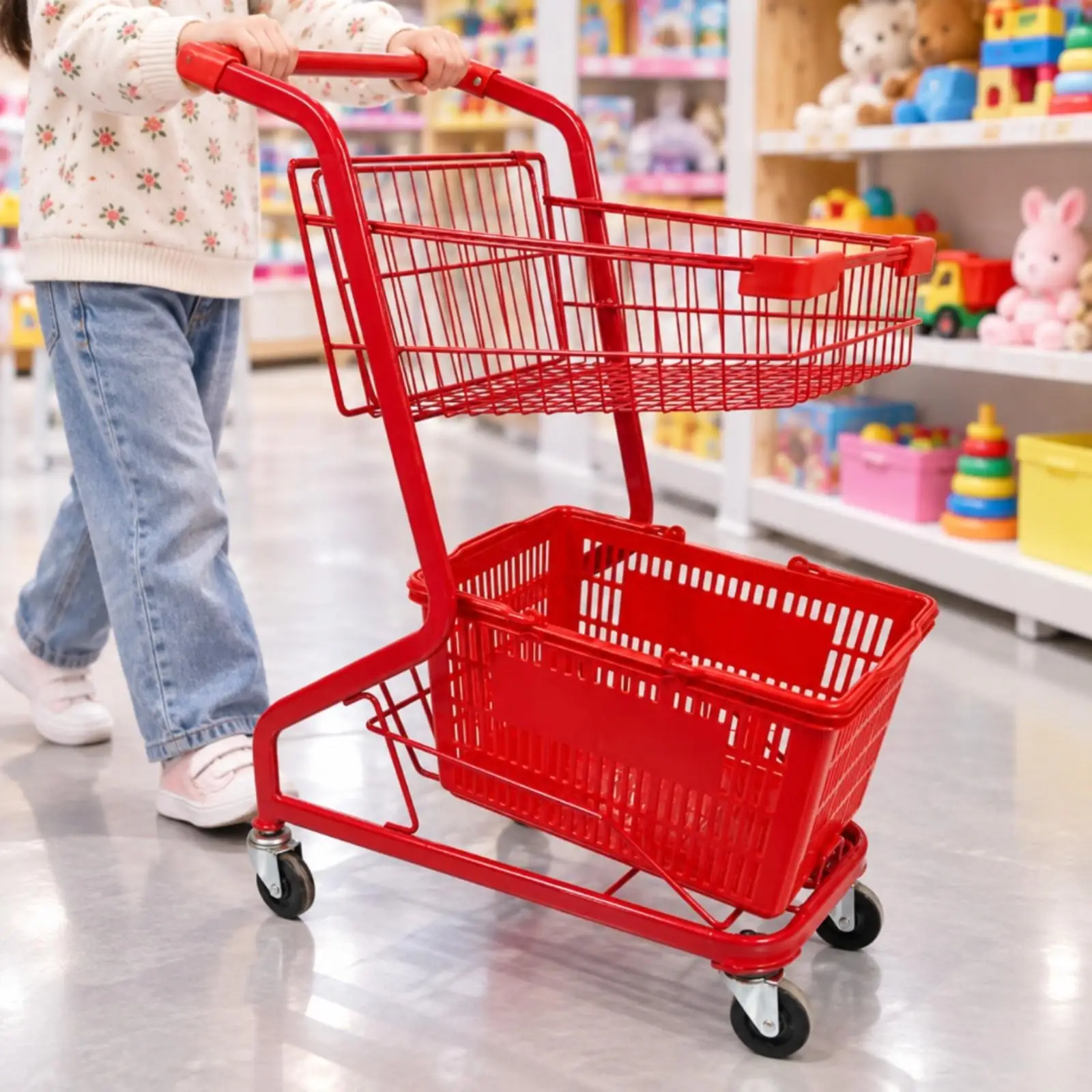 Shopping Cart with Upper Wire Basket Large Capacity Wheeled Shopping Cart Generous Storage Rolling Basket with Wheels for Snack