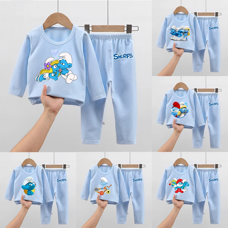 Anime Smurfs Children's Long Sleeve Pajamas Suit Thicken Warm Movie Cartoon Print Sleepwear Tops Pants Nightwear Set Kid Clothes