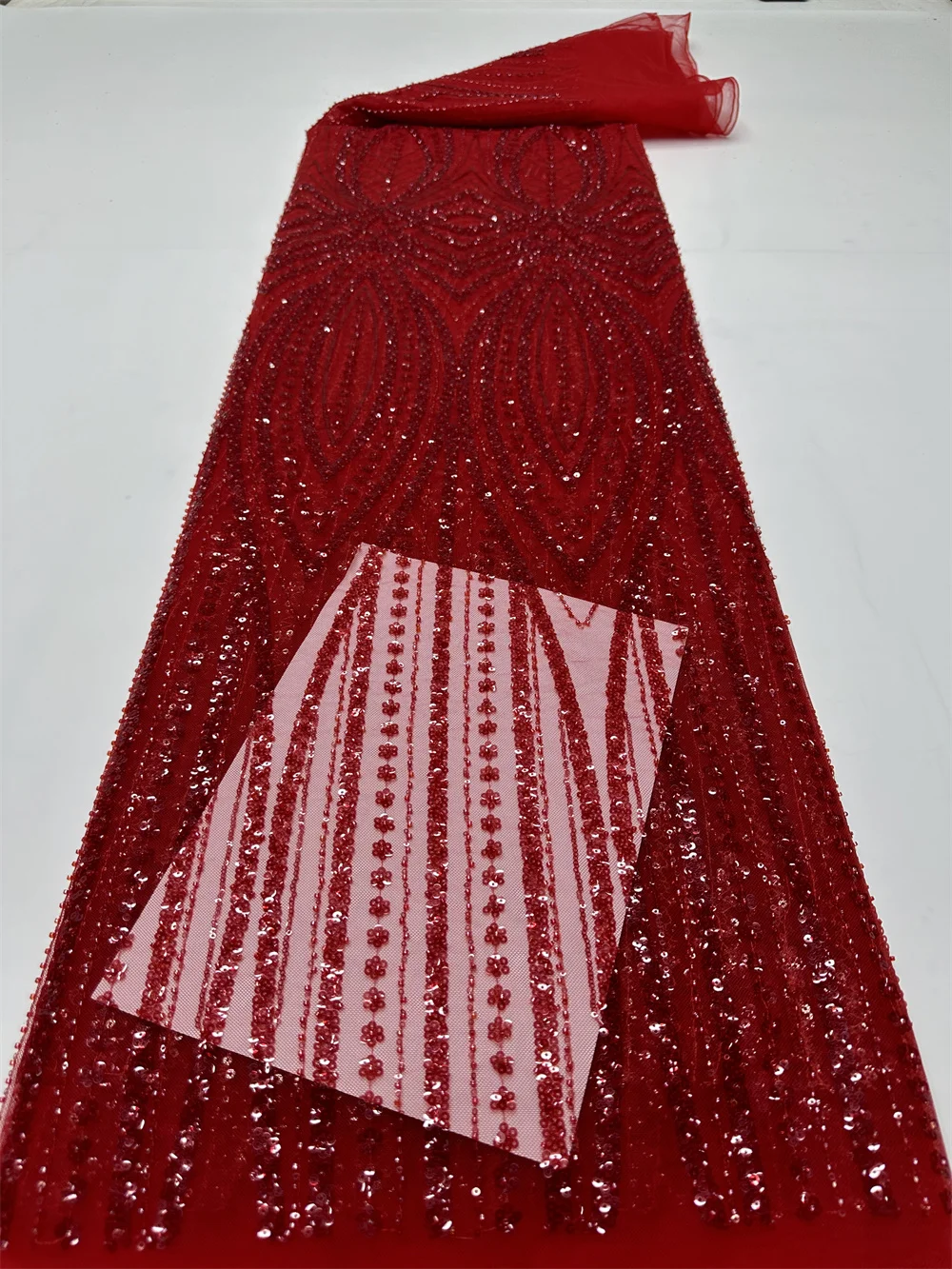 Luxury African Tulle Lace Fabric With Bead Sequins High Quality Red French Nigerian Mesh Lace Fabrics For Women Dresses Sewing