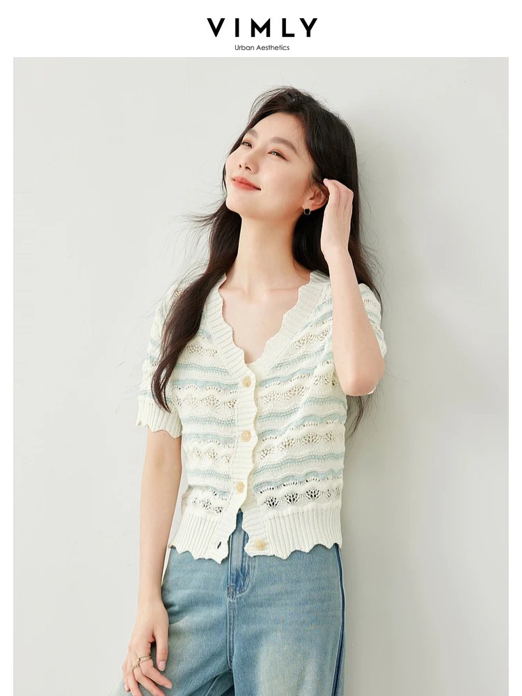 Vimly Hook Flower Hollow Striped Knitted Cardigan Women 2024 Summer New V-neck High Strecth Short Sleeve Knit Tops Clothes 72976