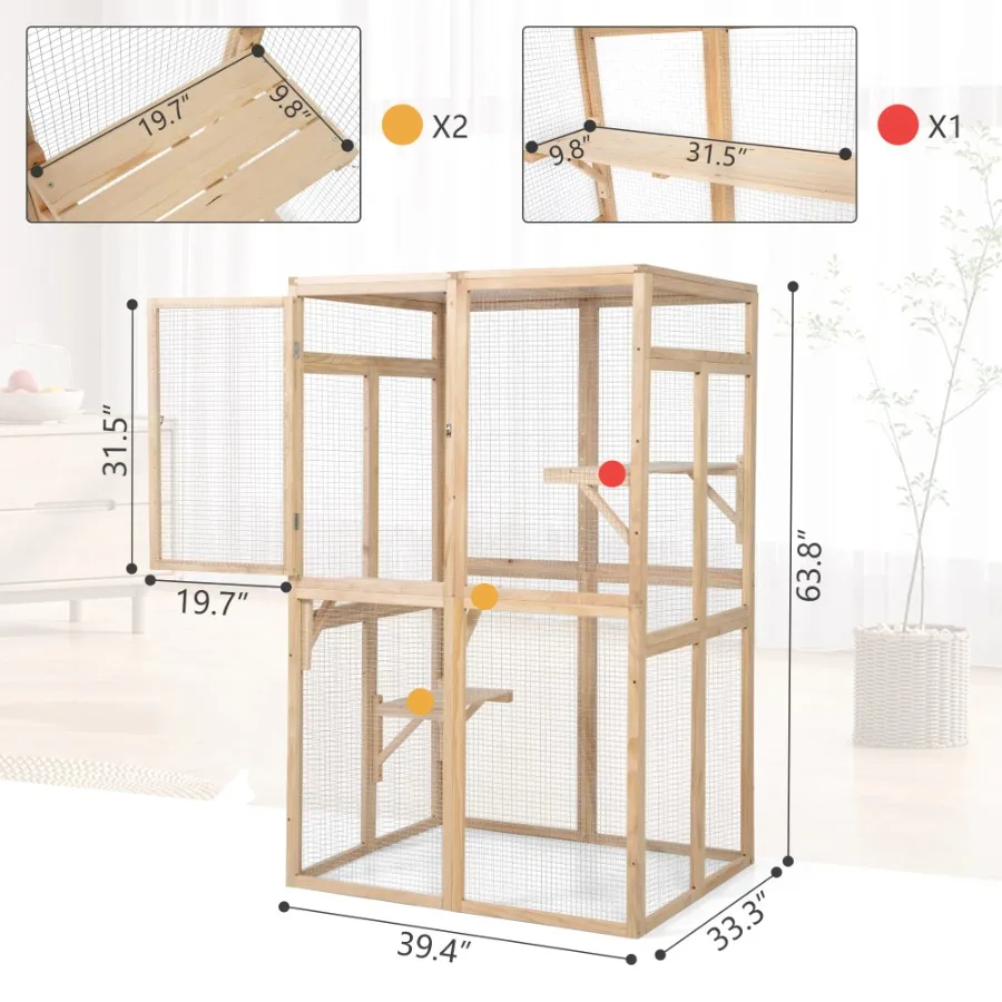 Wooden Cat Catio Outdoor Enclosure House with Platforms Sunshine Board Hammock Door Kitten Cage Condo