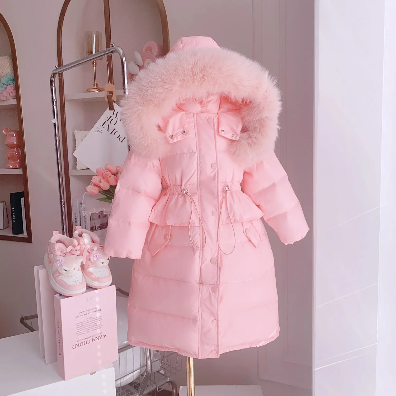 

2024 Winter Girls Long Down Jackets Hooded Big Fur Collar Kids Parkas Children Clothes Teen Windproof Thicken Warm Coats