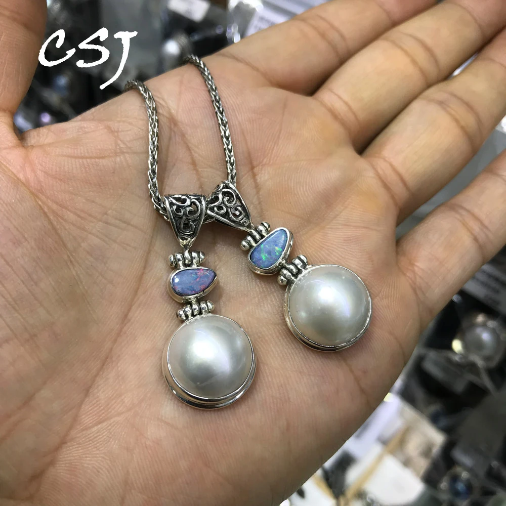 

CSJ Natural Australia Opal Pendants Sterling 925 Silver Mabe Pearl Necklace for Women Birthday Party Handmade Jewelry Gift