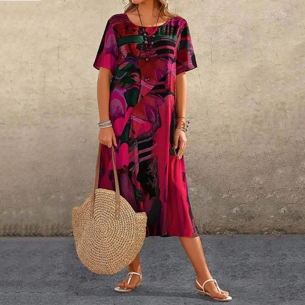 

Printed Dress Lady Printed Dress Stylish Irregular Print Midi Dress A-line Loose Fit Mid-calf Length for Daily Wear by Seller