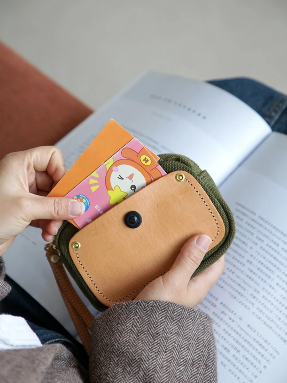 Vintage Handmade Genuine Leather & Canvas Color-Blocked Card Holder, Top Grain Leather Coin Purse, Portable Storage Bag