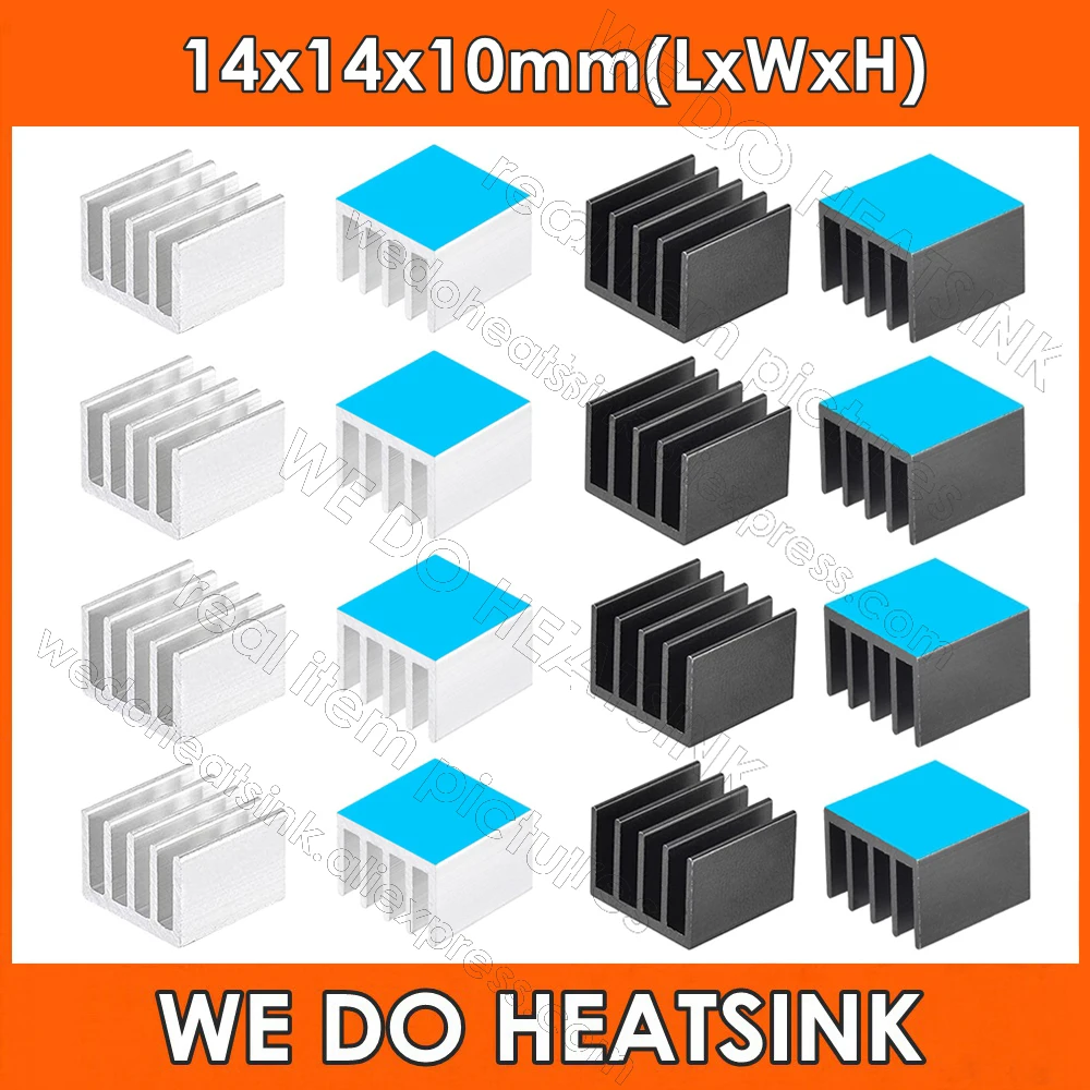 

Wholesale 14x14x10mm Silver / Black Anodized Extruded Aluminum Heatsink Cooler Radiator With Thermal Adhesive Transfer Tape Pads