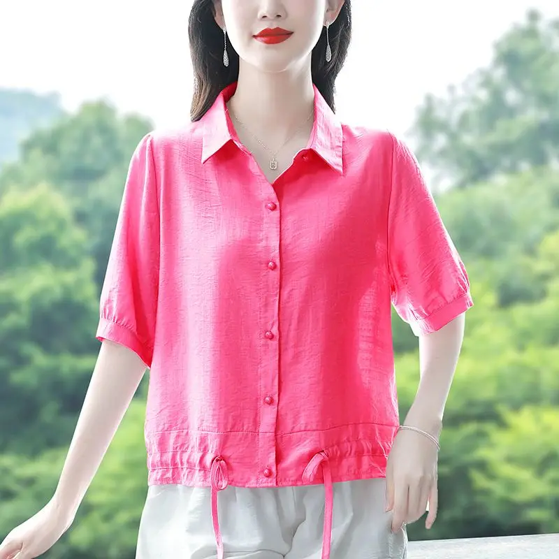 Simplicity Office Lady Summer Women's POLO Collar Solid Single Breasted Shirring Fashion Versatile Loose Short Sleeve Shirts Top