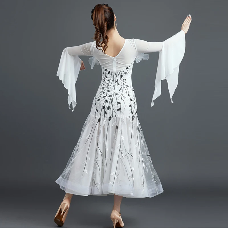 Standard Competition Dance Dress Women Waltz Tango Stage Costume Ballroom Dress Long Sleeve Female Training Dancewear White 2343