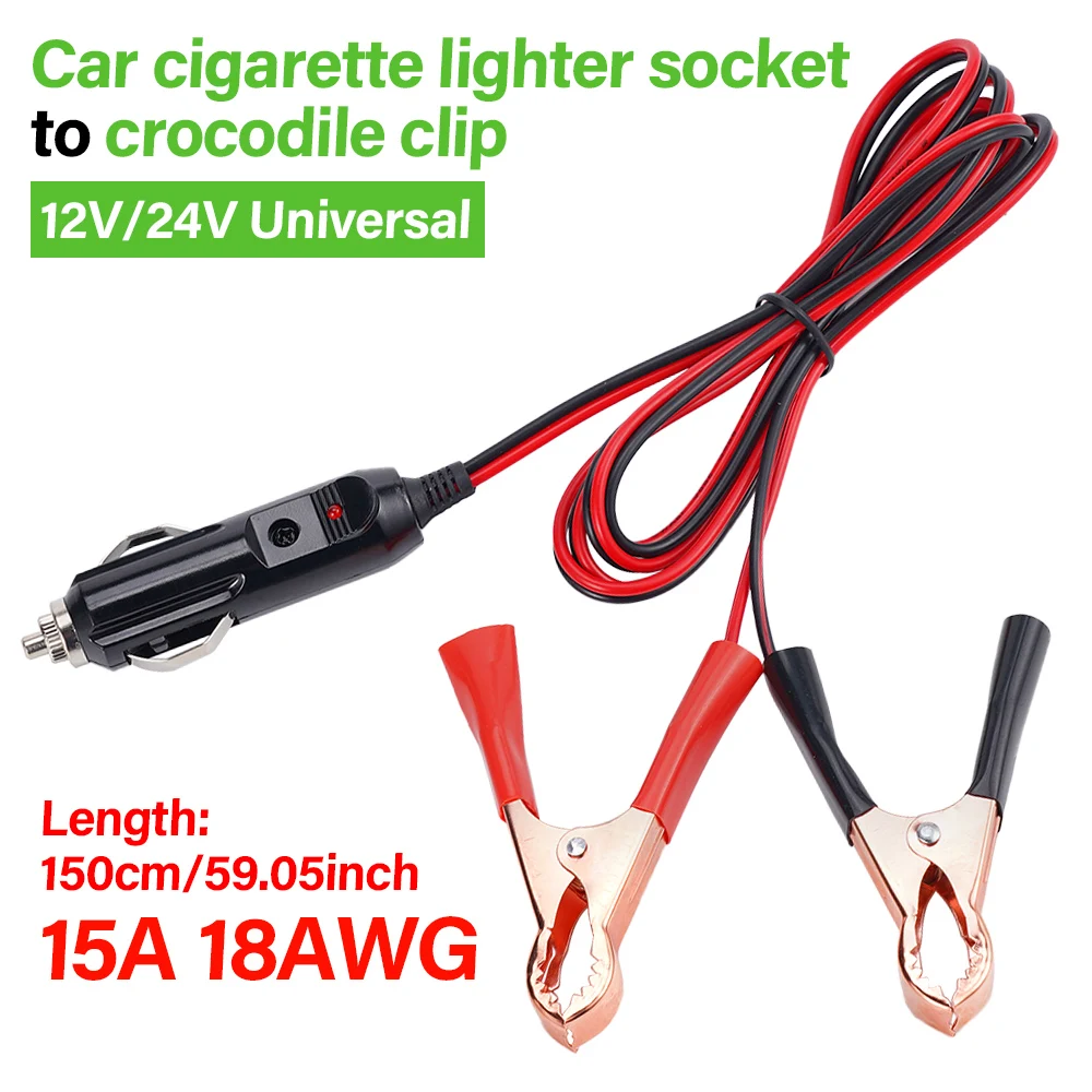18AWG 1.5m Car Cigarette Lighter Socket Male Plug Adapter Power Cord Crocodile Clip Battery Extension Cord 15A Fuse LED Lights