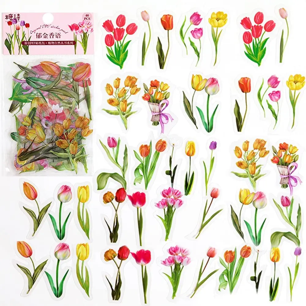 40 Pcs Scrapbook Stickers PET Transparent Flower  Nature Floral  Journal Photo Album Diary DIY Art Crafts