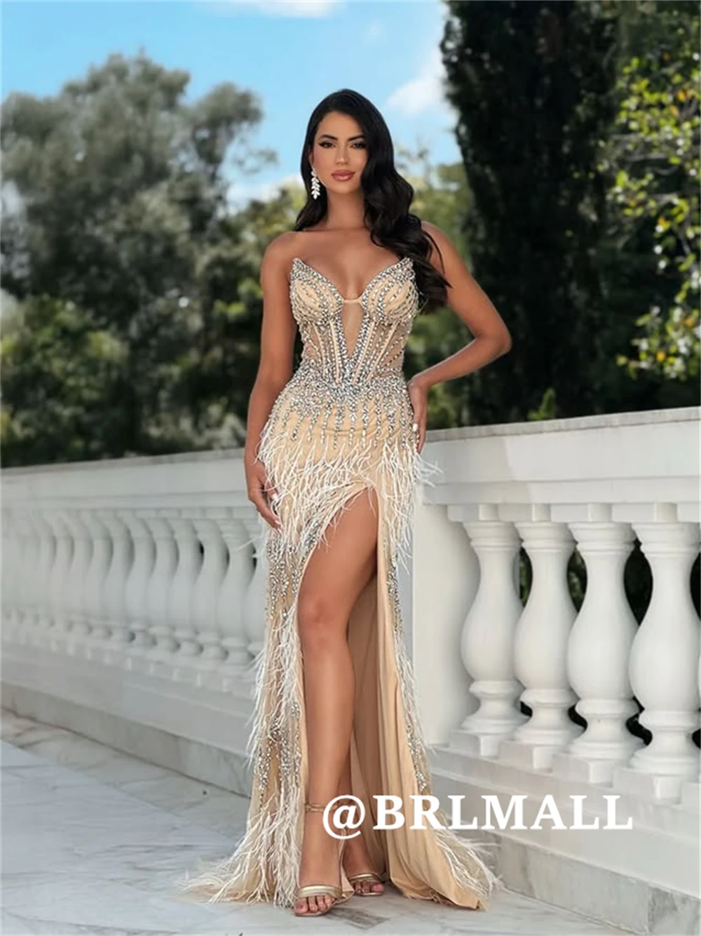 

BRLMALL Luxurious Feathered Long Evening Dress for Women, Crystals Emballished Sheath Prom Dresses, Sleeless, Split, Customize