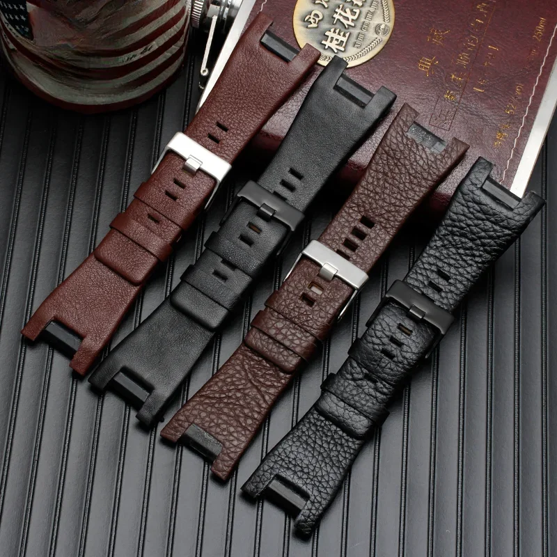 Litchi Pattern Men Waterproof Accessories for Diesel Dz1216 \\1273\\4246 32mm Genuine Leather Concave Interface Watch Strap